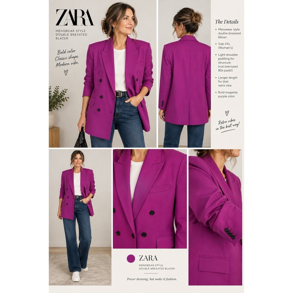 ZARA XXL Magenta Purple Menswear Style Double Breasted Blazer Blogger Favorite
